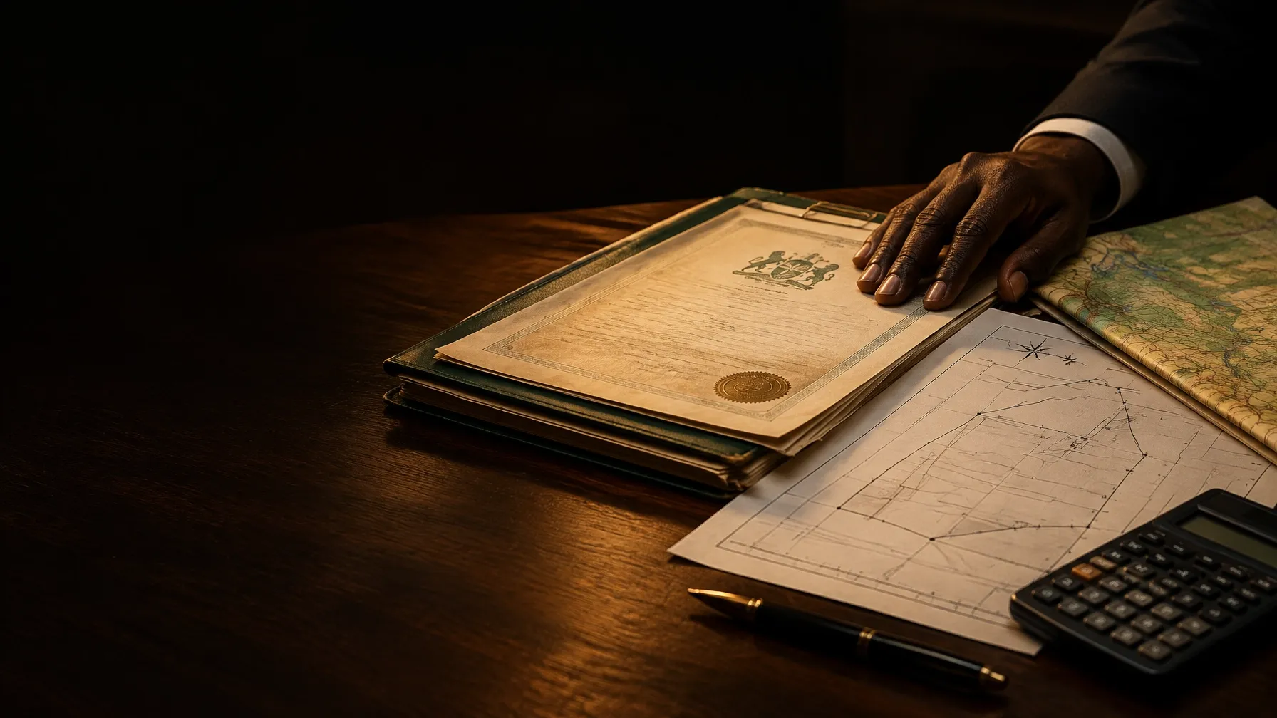 Hand reviewing land title documents and a survey plan beside a calculator