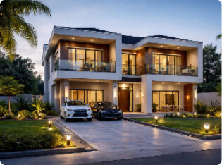 Modern two-storey home at dusk with cars on the driveway